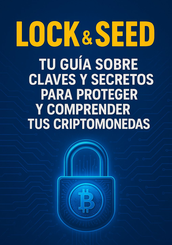 Portada de LOCK & SEED, guía v1 de seguridad cripto, con un candado azul y el símbolo de Bitcoin.