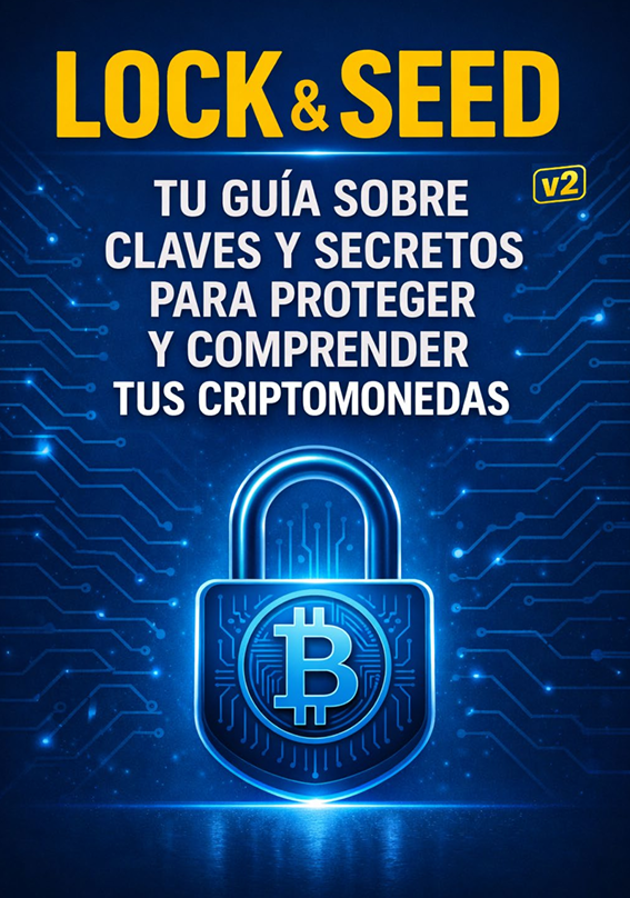 Portada de LOCK & SEED v2, guía de seguridad cripto, con un candado de Bitcoin rodeado de circuitos azules.